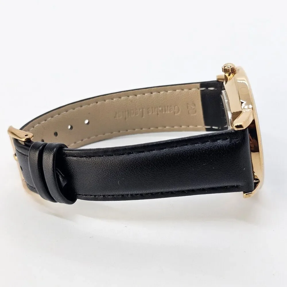 Men's Watch 40MM Black‎ Dial Gold Case Black Leather Band Straps Date Indicator